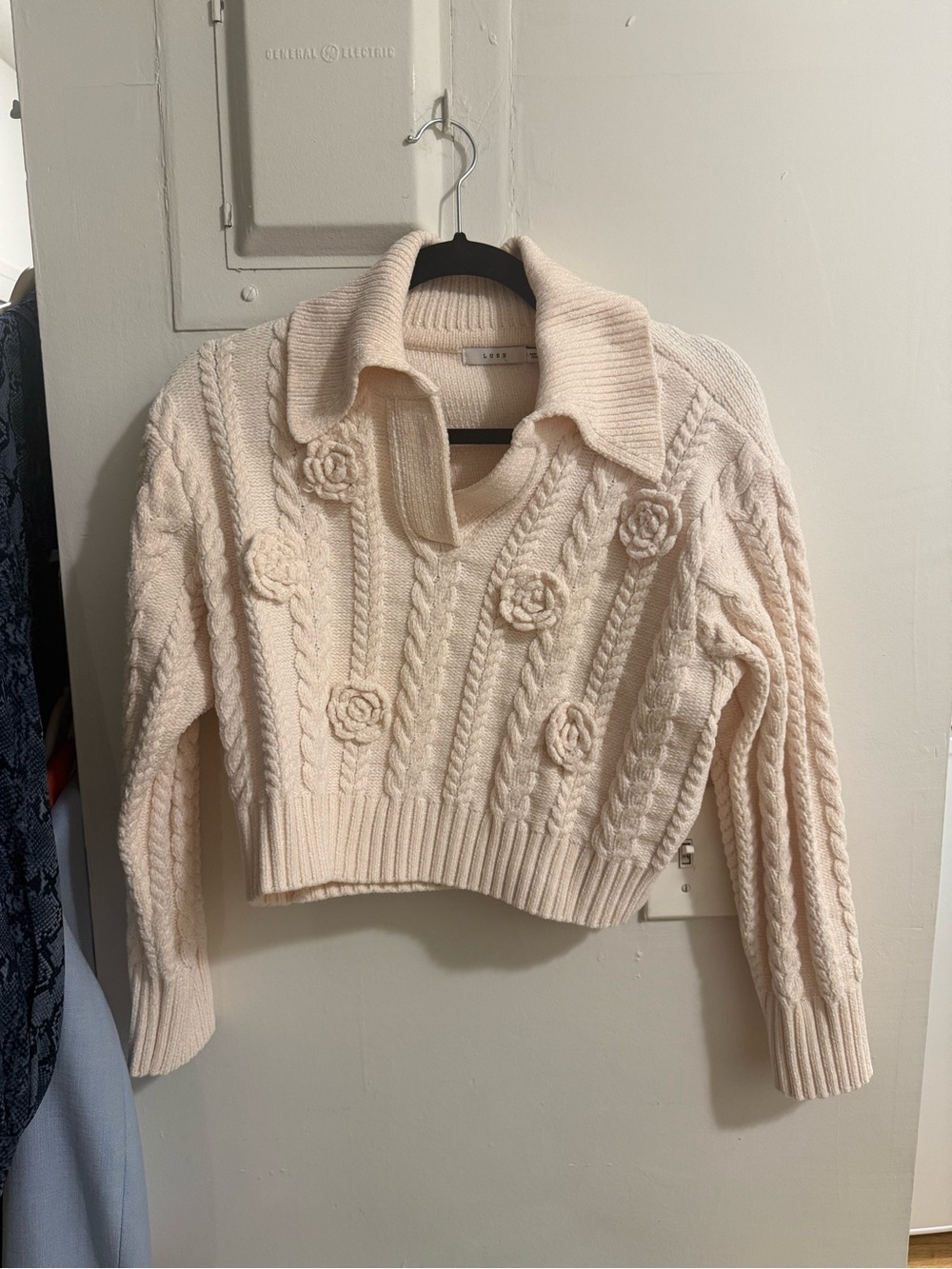 Lush Cream Cable-Knit Collared Sweater with Rosette Detail